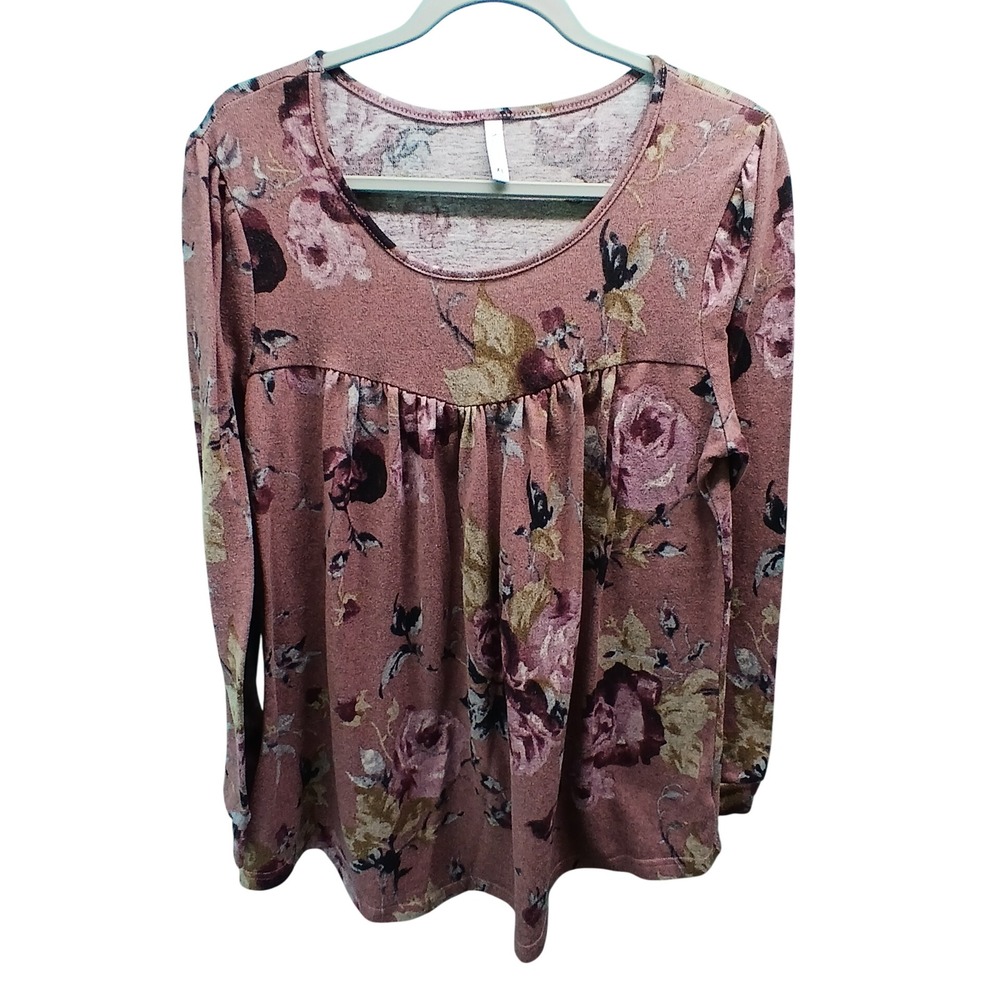 Addtoo Floral Babydoll Tunic Top XL Mauve Long Sleeve Cottagecore Boho Blouse